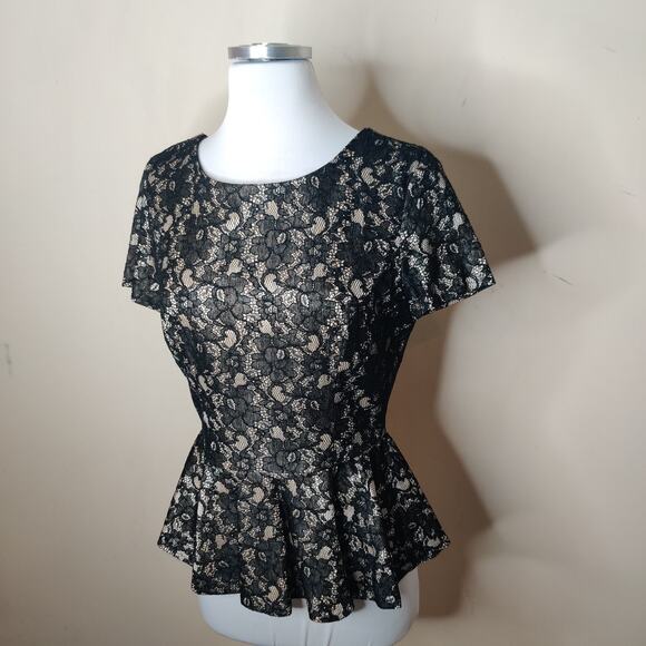 Mango Lace Peplum Top Short Sleeve Black Nude Blouse - Picture 4 of 8